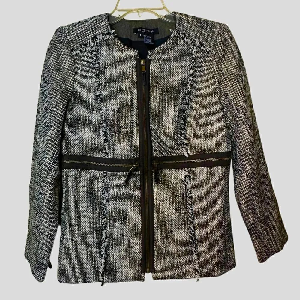 ETCETERA Tweed Zip Front Fringe Detailed Jacket Size 4